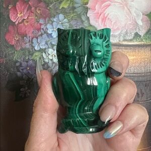 Authentic Malachite Green Carved Crystal Owl Figurine